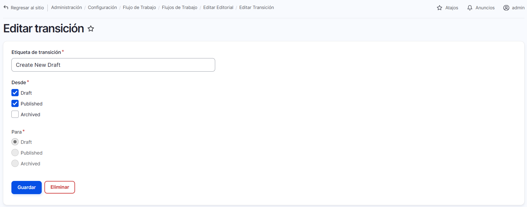 flujo de trabajo configuración editar transición