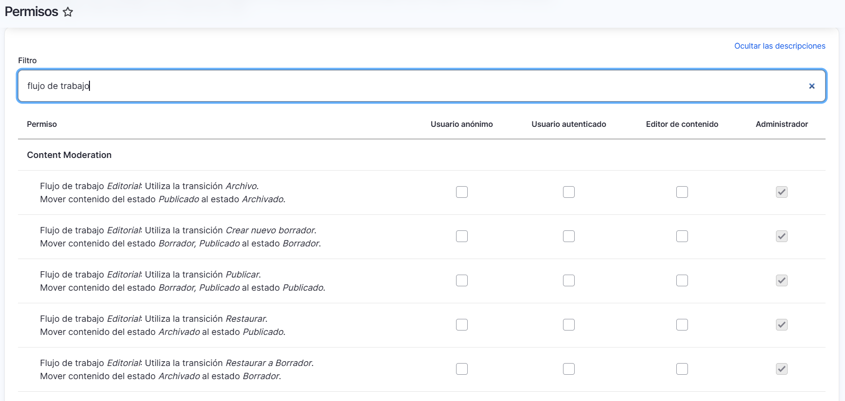 administración configuración permisos flujo de trabajo