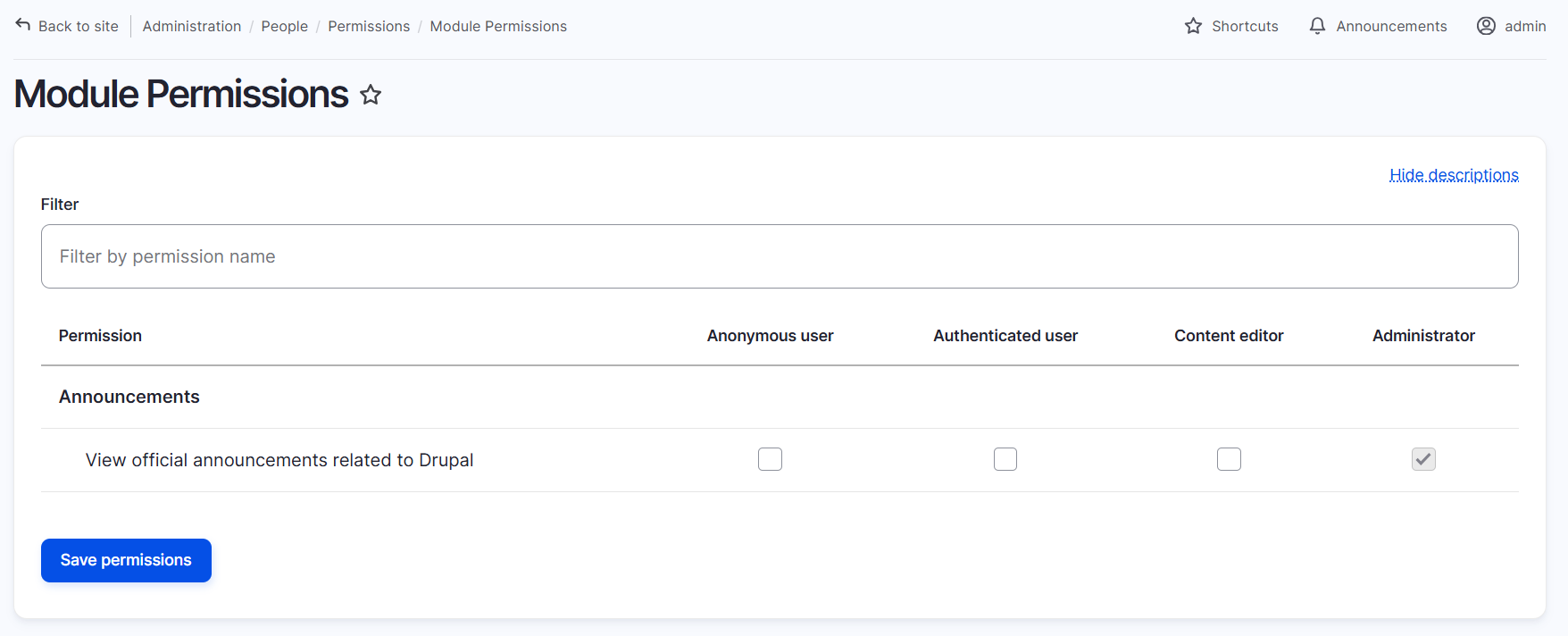 announcements feed permissions page
