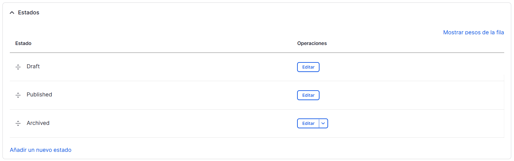 flujo de trabajo configuración estados