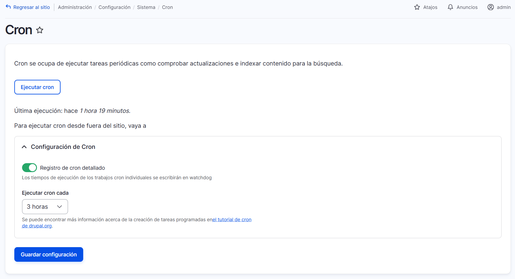 Automated cron página de configuración