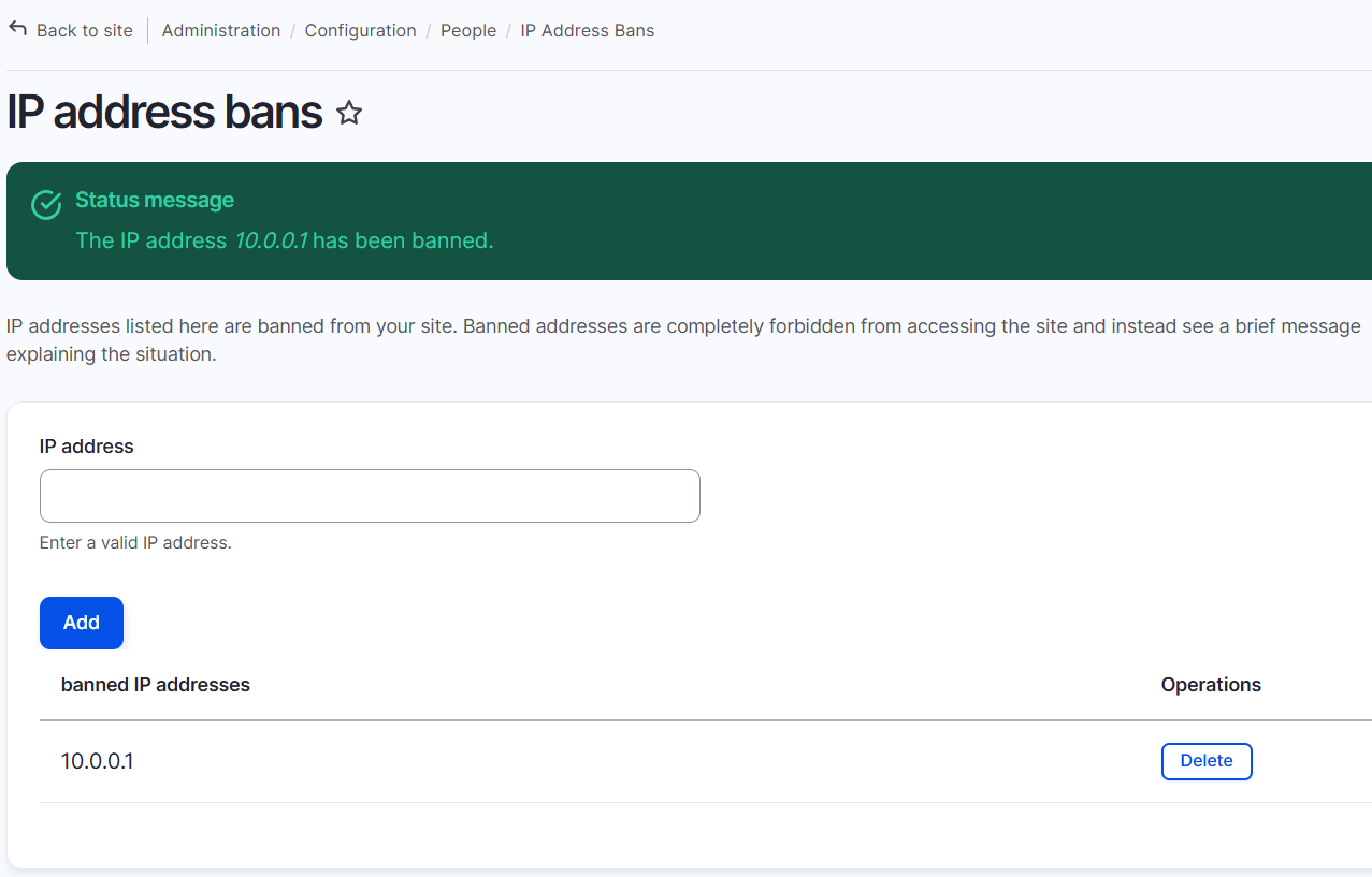 IP address bans config form added ban IP