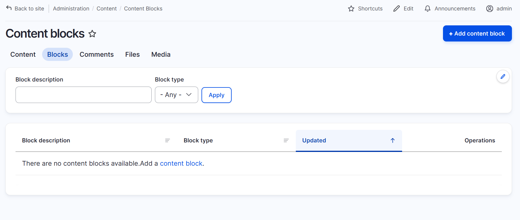 admin content block overview