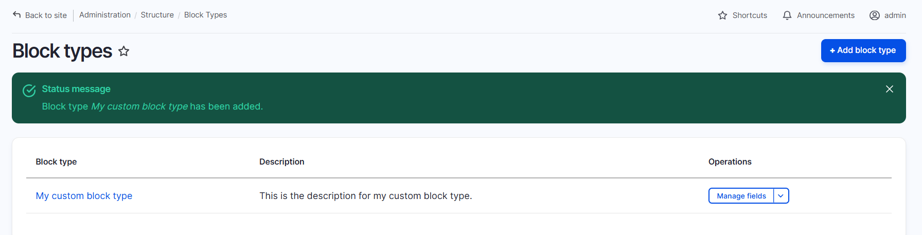 new custom block type admin content overview
