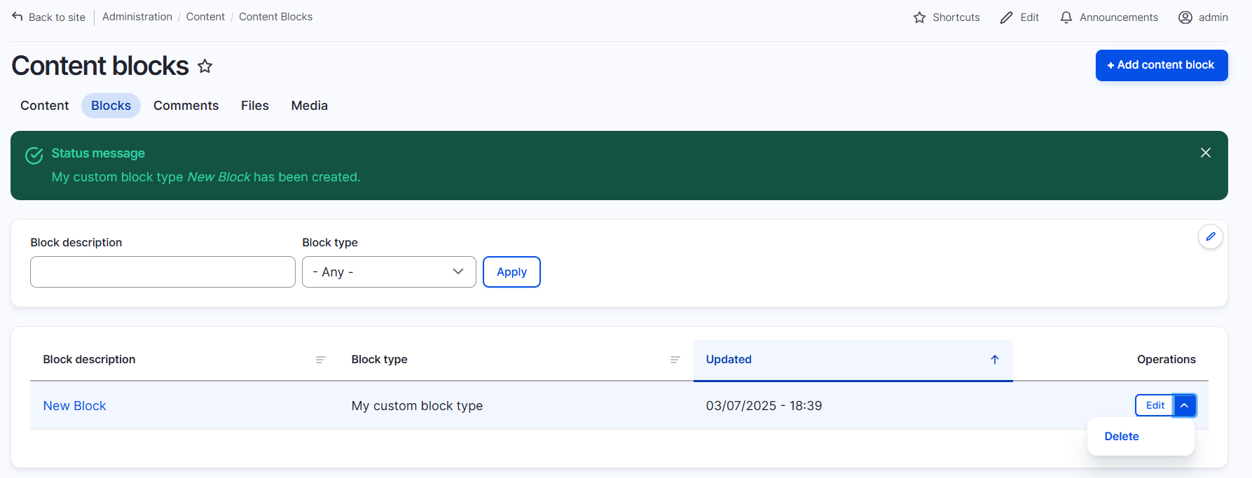 new content block admin overview