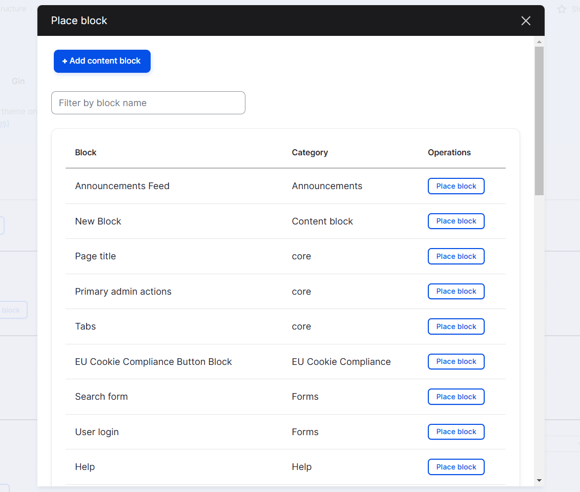 admin structure block place block content block