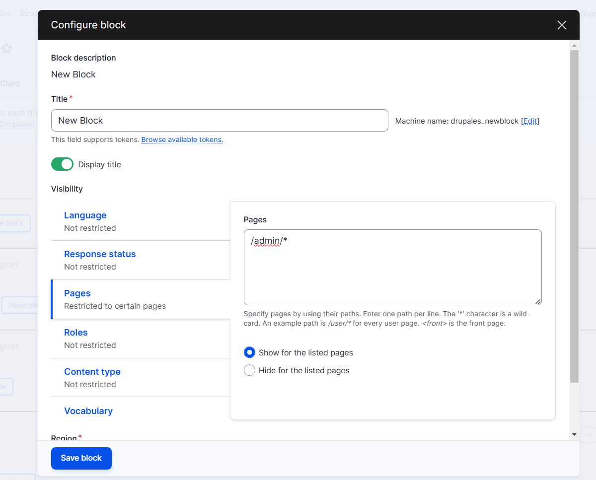 admin structure content block place block configure block