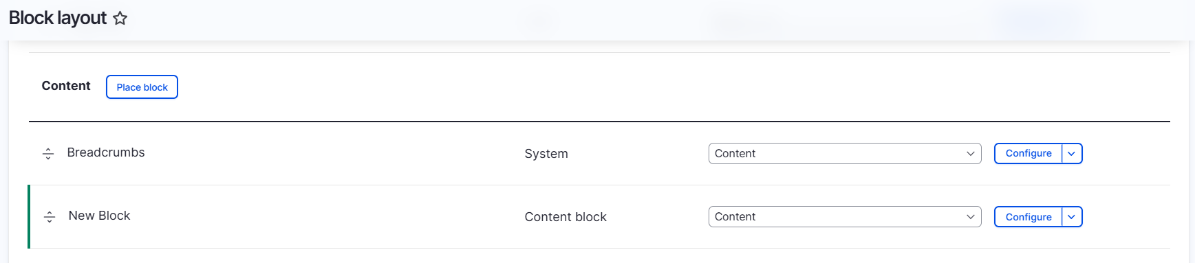 admin structure block display content block added region
