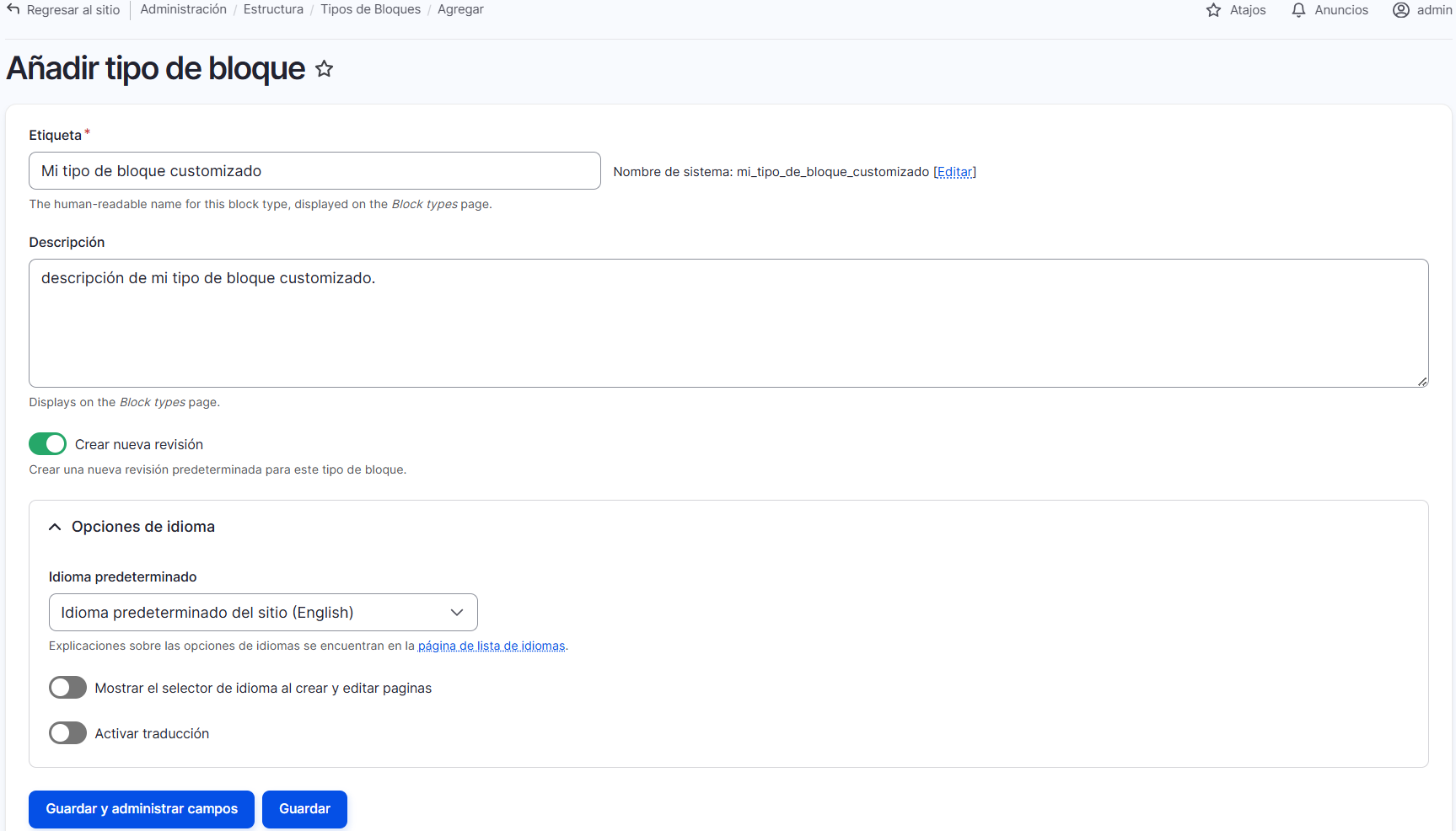 admin structure block layout añadir tipo de bloque personalizado