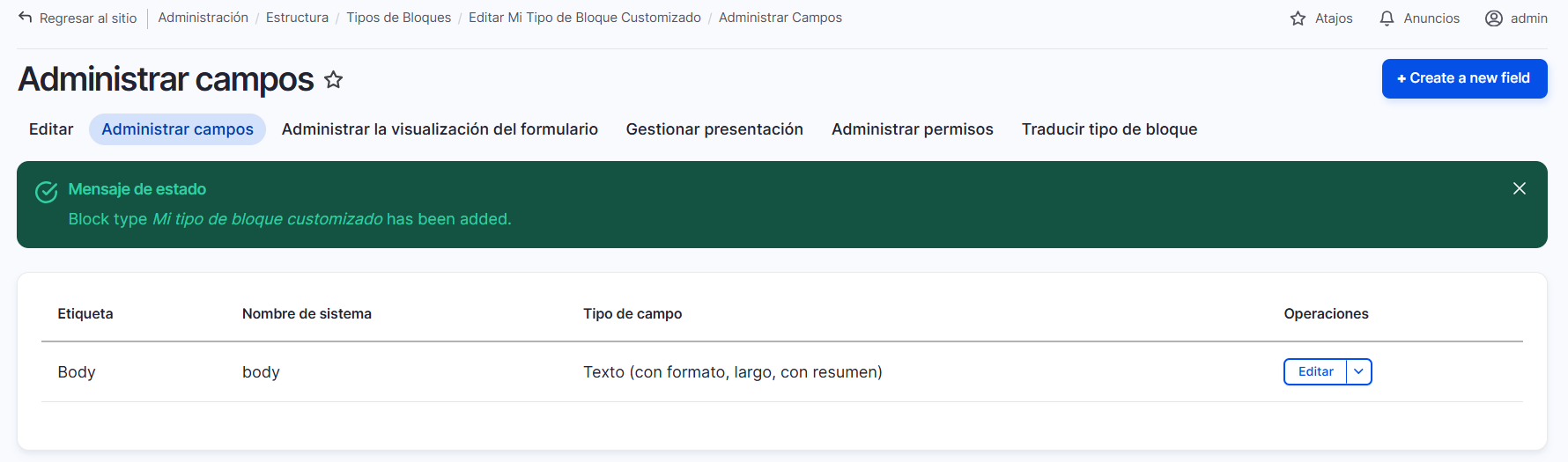 admin structure block layout administrar campos