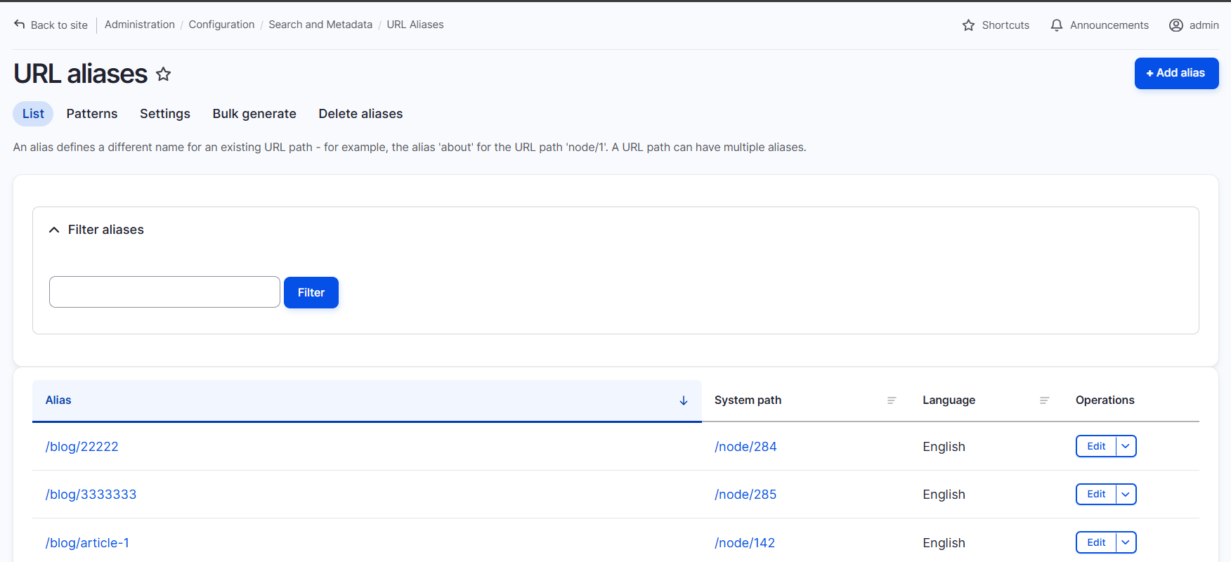 admin config path alias configure url pattern