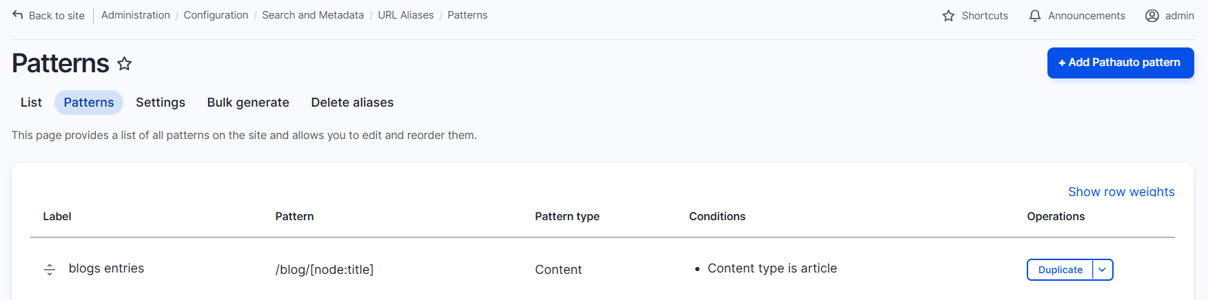 admin config path alias configure url pattern