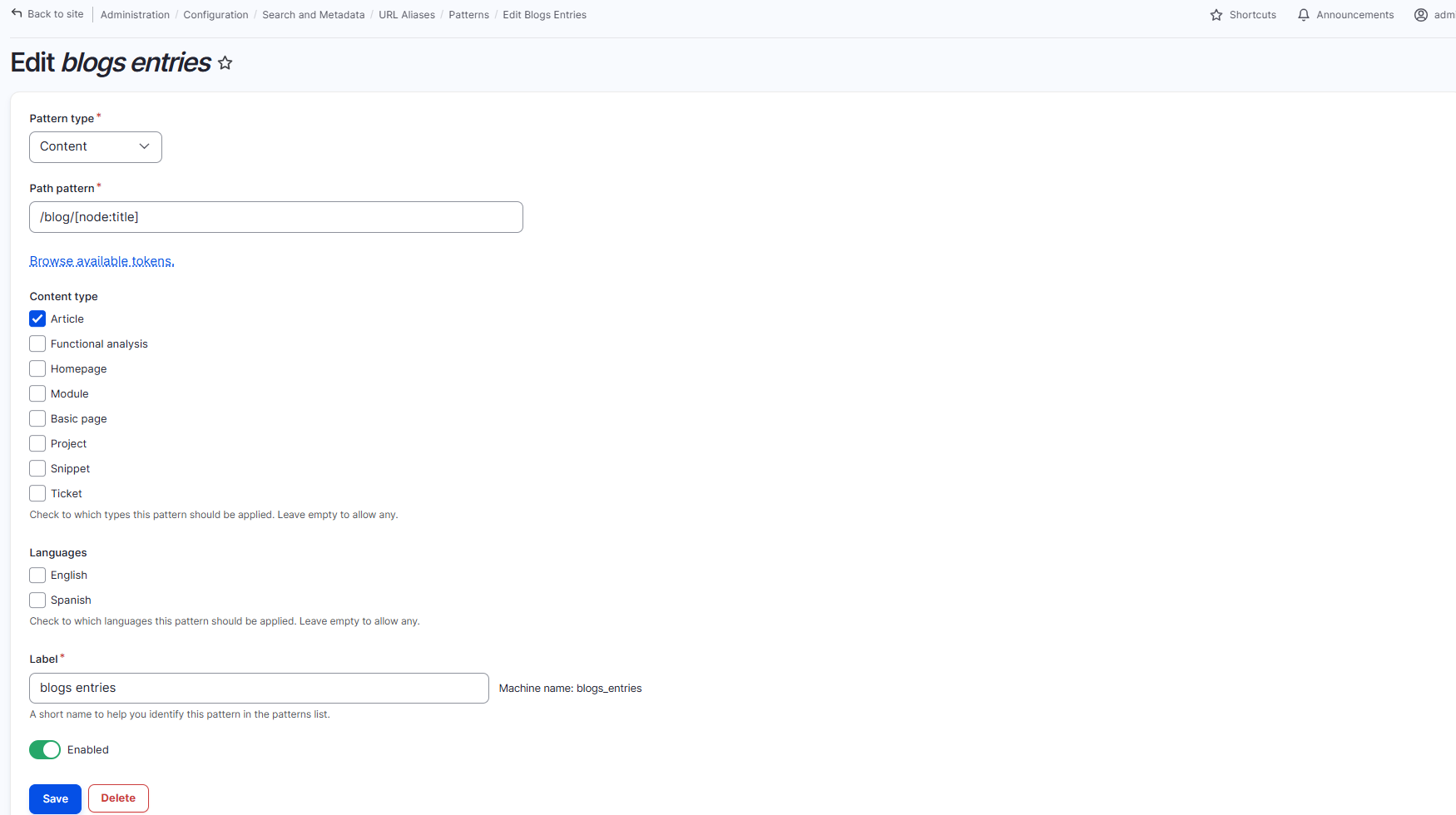 admin config path alias configure url pattern create edit alias